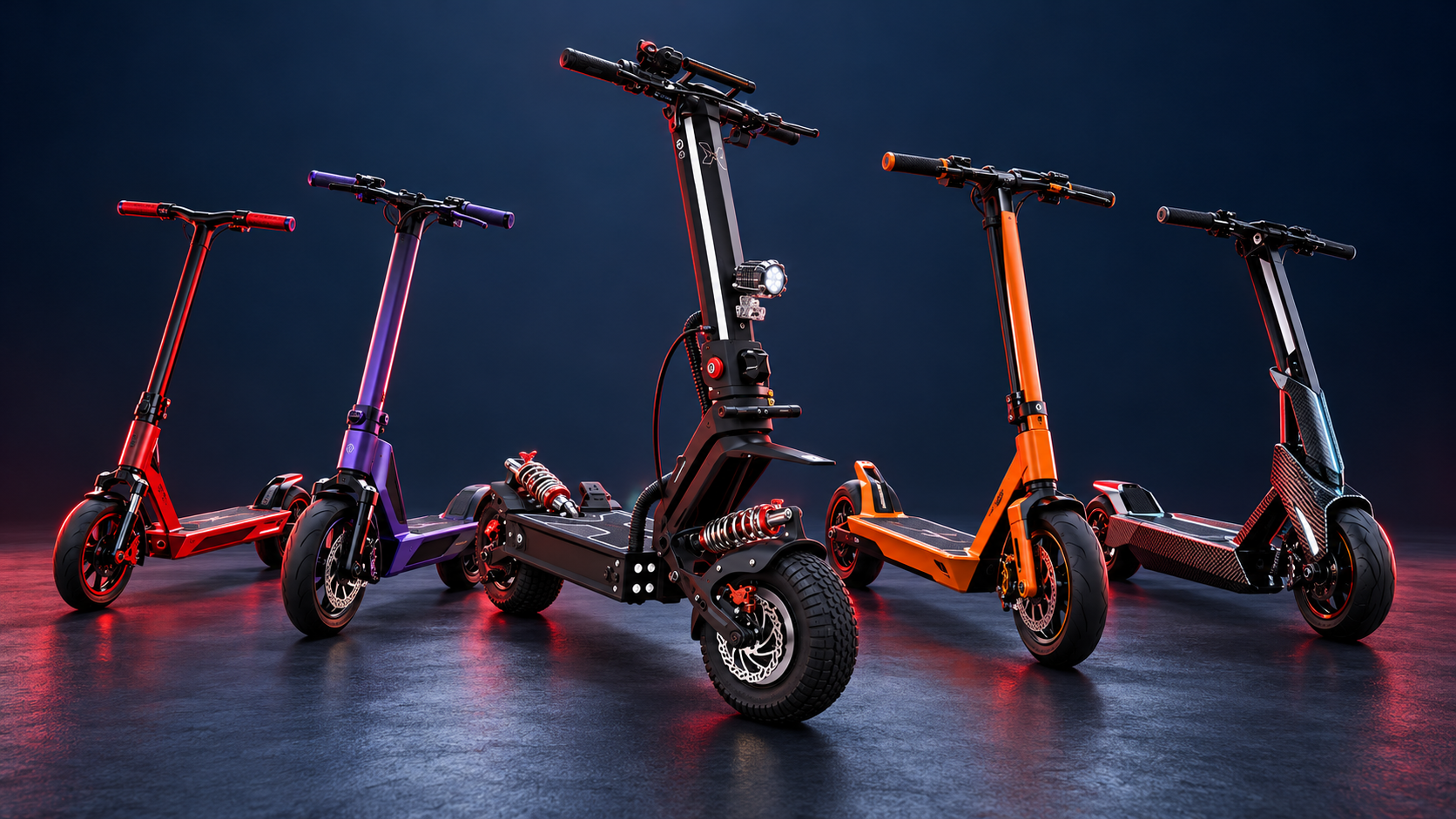 Montaje ilustrativo de cinco patinetes eléctricos deportivos y de competición, en negro, rojo, naranja y morado